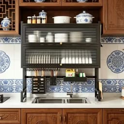 Multifunctional Double‑Tier Under‑Sink Kitchen Storage Rack with Dust‑Proof Cabinet Door, Knife Holder, Cutting Board Shelf, Cleaning Basket and Dish Drying Rack