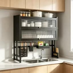 Multifunctional Double‑Tier Under‑Sink Kitchen Storage Rack with Dust‑Proof Cabinet Door, Knife Holder, Cutting Board Shelf, Cleaning Basket and Dish Drying Rack