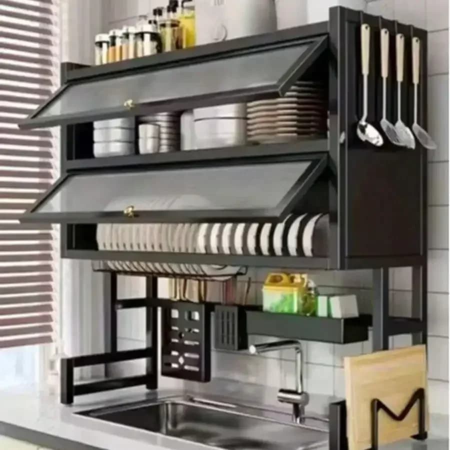 Multifunctional Double‑Tier Under‑Sink Kitchen Storage Rack with Dust‑Proof Cabinet Door, Knife Holder, Cutting Board Shelf, Cleaning Basket and Dish Drying Rack