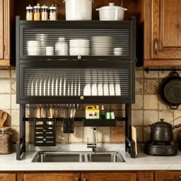 Multifunctional Double‑Tier Under‑Sink Kitchen Storage Rack with Dust‑Proof Cabinet Door, Knife Holder, Cutting Board Shelf, Cleaning Basket and Dish Drying Rack