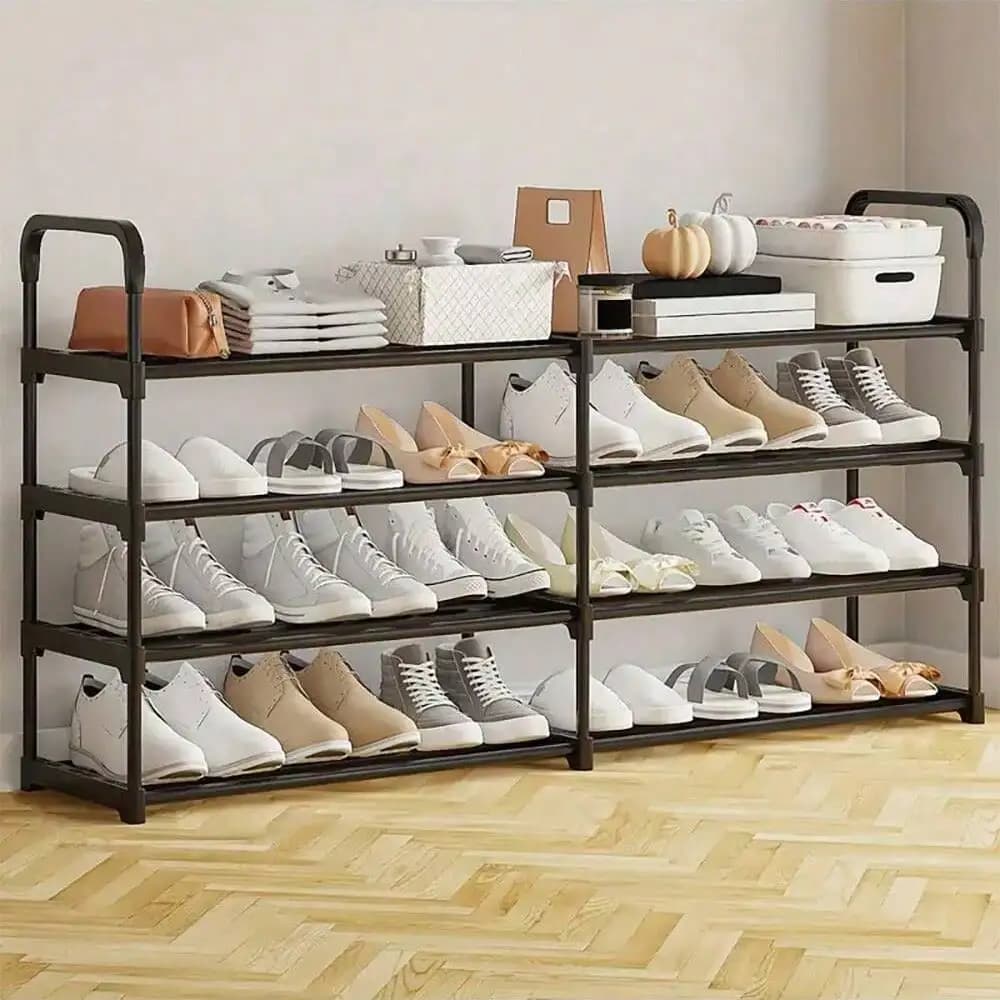 1‑Pack Reinforced Double‑Row 4‑Tier Shoe Storage Rack, Multifunctional Shoe Organizer for Entryway, Living Room, Bedroom & Dorm, Sturdy Home Storage Shelf for Shoes, Boots and Accessories