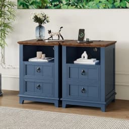 Modern Fluted Nightstand with USB Charging Station, 2 Drawer Side Table with Open Storage Shelf, Wooden Bedside Cabinet for Home