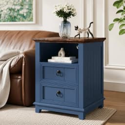 Modern Fluted Nightstand with USB Charging Station, 2 Drawer Side Table with Open Storage Shelf, Wooden Bedside Cabinet for Home