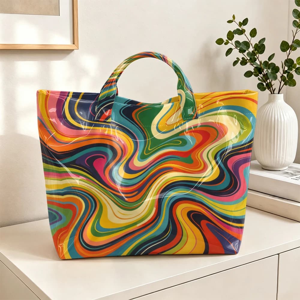 1pc Retro Rainbow Swirl Marble Print Women Tote Bag Handbag, Colorful Psychedelic Art Large Capacity Ladies Hand Tote Bag For Shopping Travel