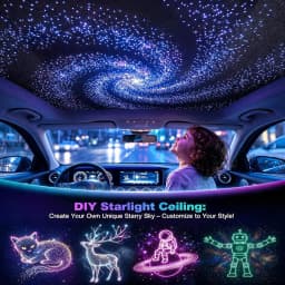 Dual Port 24W RGBW Starlight Headliner Kit, 1200pcs 0.75mm 6.5ft/9.8ft/13.1ft Twinkle Meteor Fiber Optic Strands, Bluetooth APP & Remote, Sound Activated for Car Home Ceiling Decoration