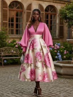 Plus Size V Neck Puff Sleeve Pleated Midi Dress For Women Formal Evening Banquet Ceremony Swing Long Dress