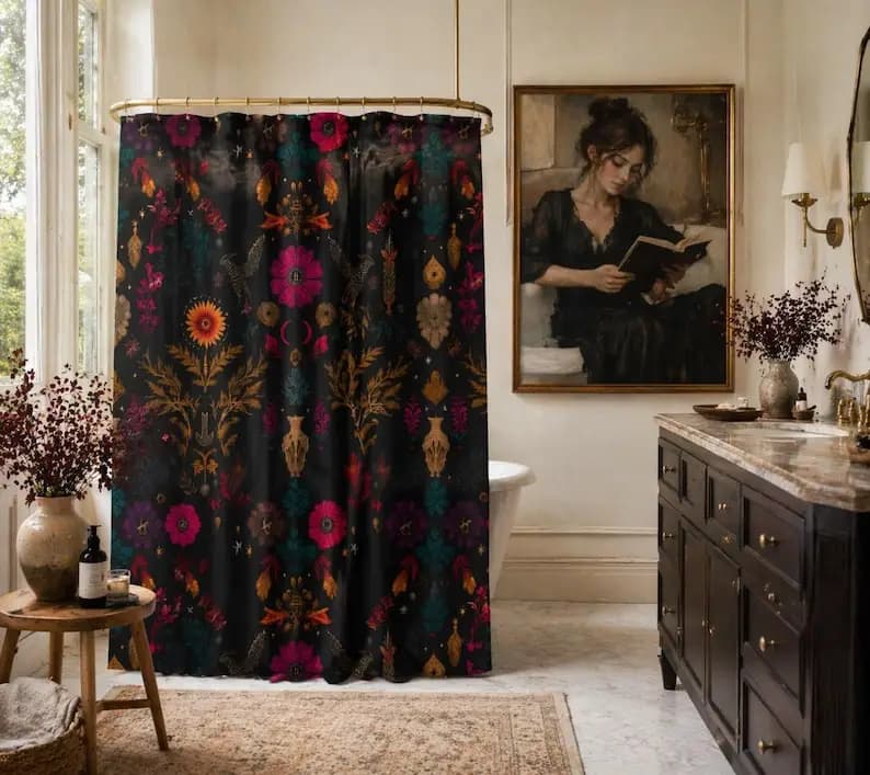 Dark Academia Shower Curtain | Gothic Botanical Bathroom Decor | Witchy Floral Bath Curtain | Moody Vintage Bathroom Aesthetic
