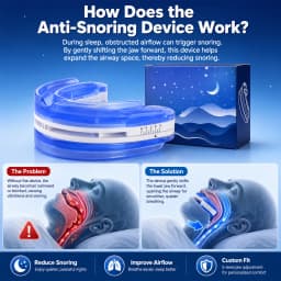 Adjustable Anti Snoring Mouthpiece for Adults, Boil and Bite Custom Fit Sleep Aid, 1mm-6mm Jaw Advancement Oral Device, Open Airflow Design, Reusable Night Guard with Portable Storage Case for Home Travel