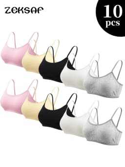 Girls Cotton Training Bra 10 Pack with Chest Pad and Adjustable Shoulder Straps Kids Underwear for 8-12 Years