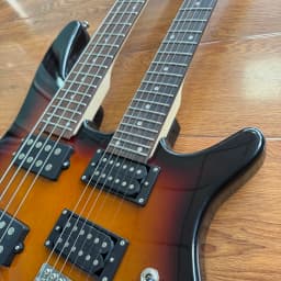 Double‑Neck Double‑Head Electric Guitar‑4‑String Bass+6‑String Electric Guitar Combo Both Equipped With Dual Pickups. Sunset Gradient‑Colored Body. One‑Click Switch. Rosewood Fingerboard. Metal Hard Rock Style. Christmas Gift Free Shipping