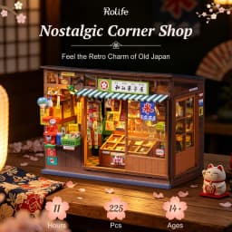 Rolife DIY Book Nook Kit 3D Puzzle Nostalgic Corner Shop Bookends with Sliding Door & LED Light for Bookshelf Decor Wooden DIY Dollhouse Toys for Holiday Gift