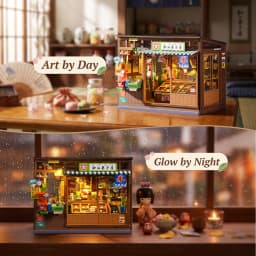 Rolife DIY Book Nook Kit 3D Puzzle Nostalgic Corner Shop Bookends with Sliding Door & LED Light for Bookshelf Decor Wooden DIY Dollhouse Toys for Holiday Gift