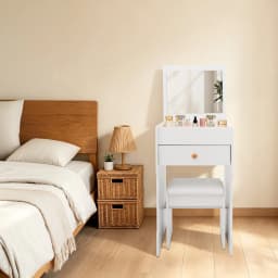 Vanity Dressing Table with Mirror and Stool 15.8" White Compact Storage Desk for Bedroom Dormitory Studio Apartment