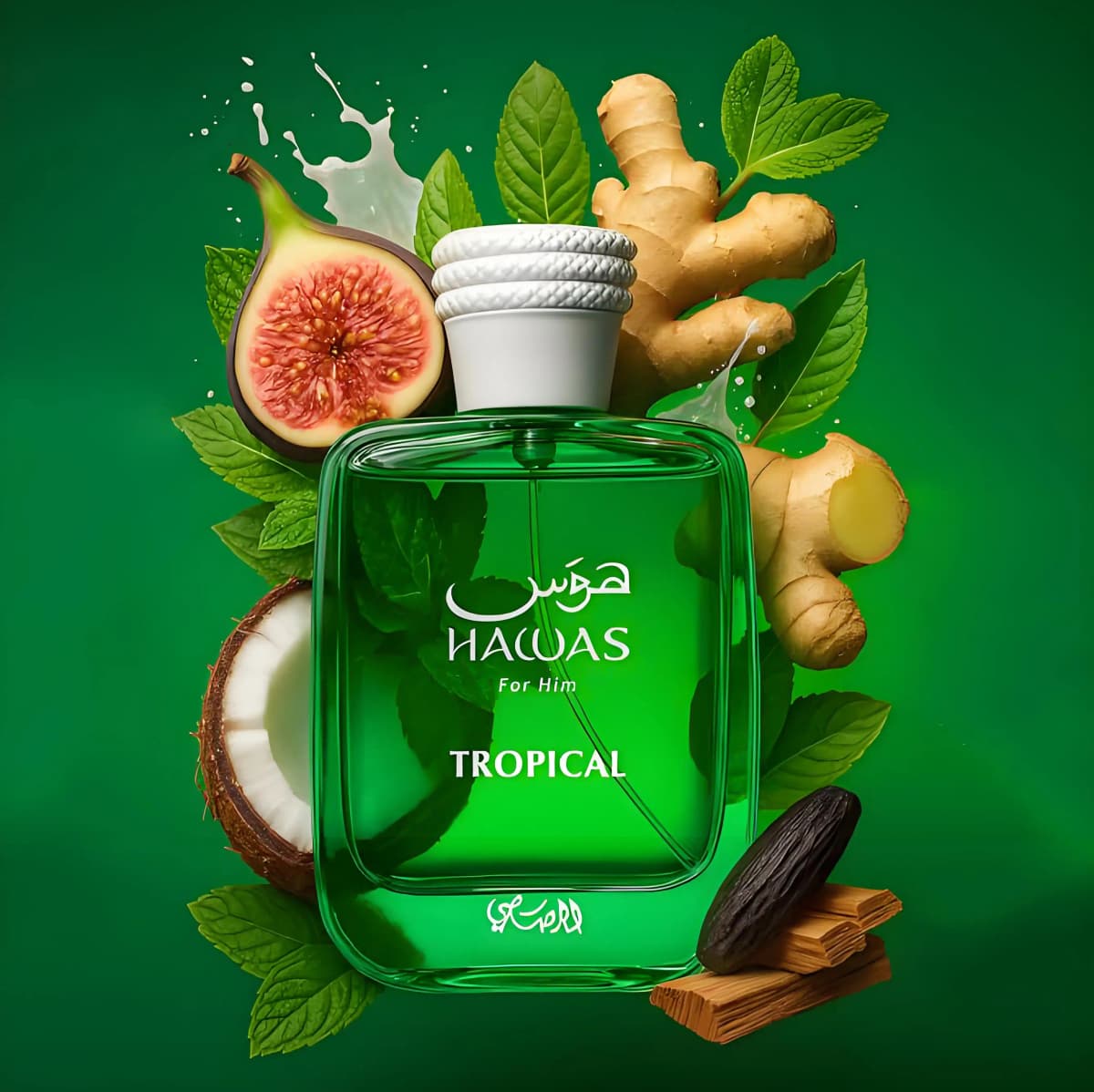 Hawas Tropical Men Eau De Parfum 100ml Coconut Fig Mint Scent Coconut Water Ginger Fig Leaf Opening Sandalwood Tonka Bean Musk Base for Summer Beach Daily Gift for Him