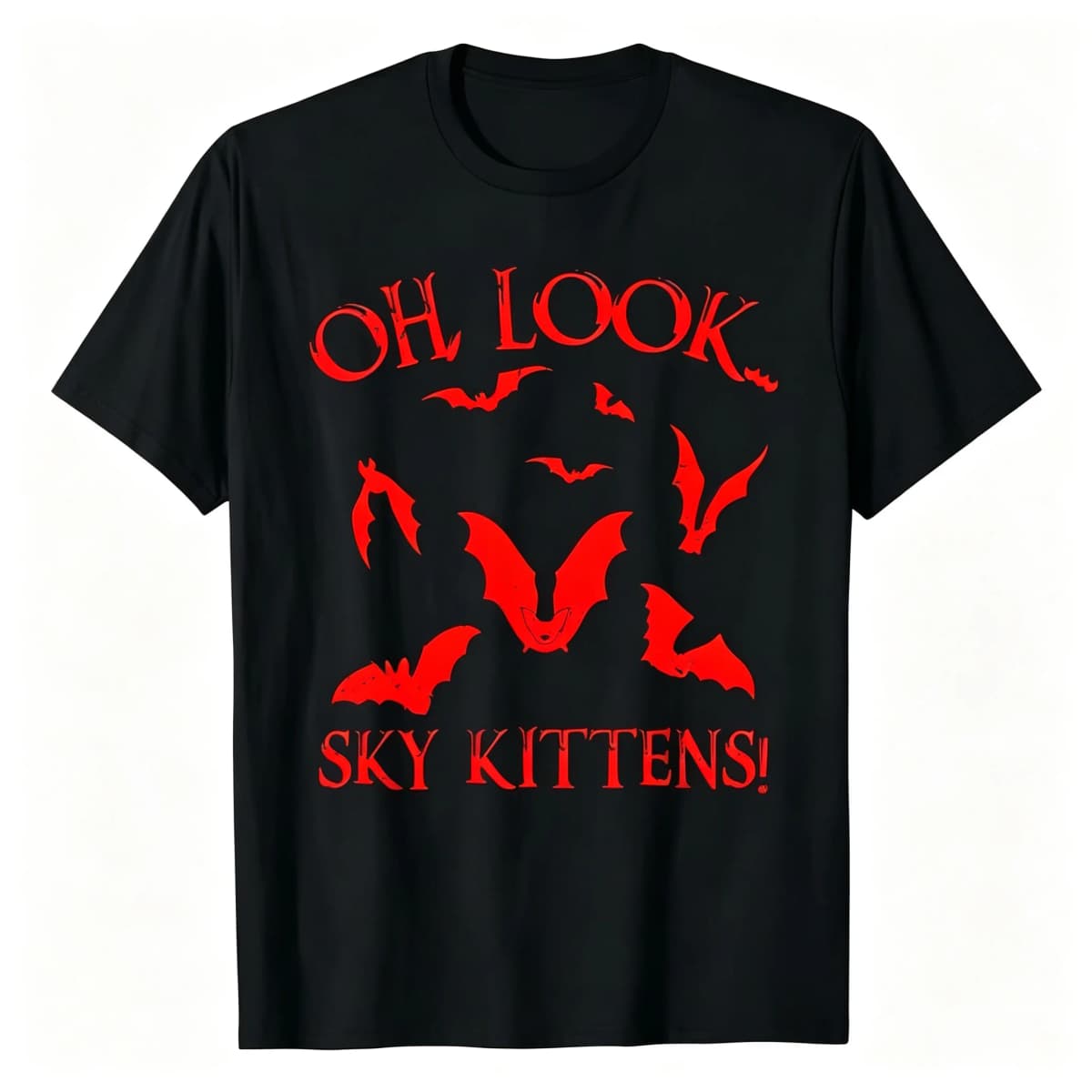 Oh Look Sky Kittens Funny Bat Graphic T‑Shirt, Humorous Halloween Spooky Tee for Men Women