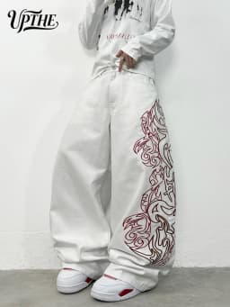 Men's Ultra Baggy Wide Leg White Jeans, Y2K Large Tribal Totem Embroidery Denim Pants, Loose Fit Hip Hop Streetwear Casual Trousers for Men