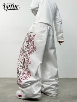 Men's Ultra Baggy Wide Leg White Jeans, Y2K Large Tribal Totem Embroidery Denim Pants, Loose Fit Hip Hop Streetwear Casual Trousers for Men