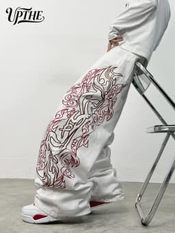 Men's Ultra Baggy Wide Leg White Jeans, Y2K Large Tribal Totem Embroidery Denim Pants, Loose Fit Hip Hop Streetwear Casual Trousers for Men