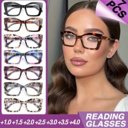 7-Piece Lady's Reading Glasses with Spring Hinges - Retro Style, Comfortable Fit, 1.0 to 4.0 Magnification, Print Design, Durable PC Frame for Women in Everyday Use, Everyday Glasses, Fashion Glasses, Christmas and Halloween Metal Hinges