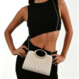 Women Pleated Evening Bag Rhinestone Metal Ring Handle Clutch Purse Removable Chain Shoulder Crossbody Handbag For Wedding Party Prom