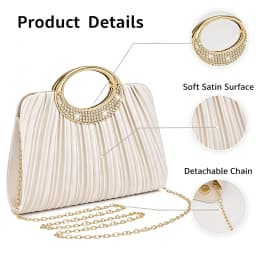 Women Pleated Evening Bag Rhinestone Metal Ring Handle Clutch Purse Removable Chain Shoulder Crossbody Handbag For Wedding Party Prom