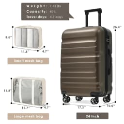 Hardshell ABS Luggage Set, 24-Inch Checked Suitcase with Spinner Wheels, Lightweight Travel Luggage with 2 Packing Cubes for Men & Women