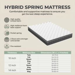 10/12/14 Inch Queen Hybrid Mattress – Fiberglass-Free & CertiPUR-US Certified, Medium Plush Feel with Superior Motion Isolation, Mattress-in-a-Box for Disturbance-Free Sleep