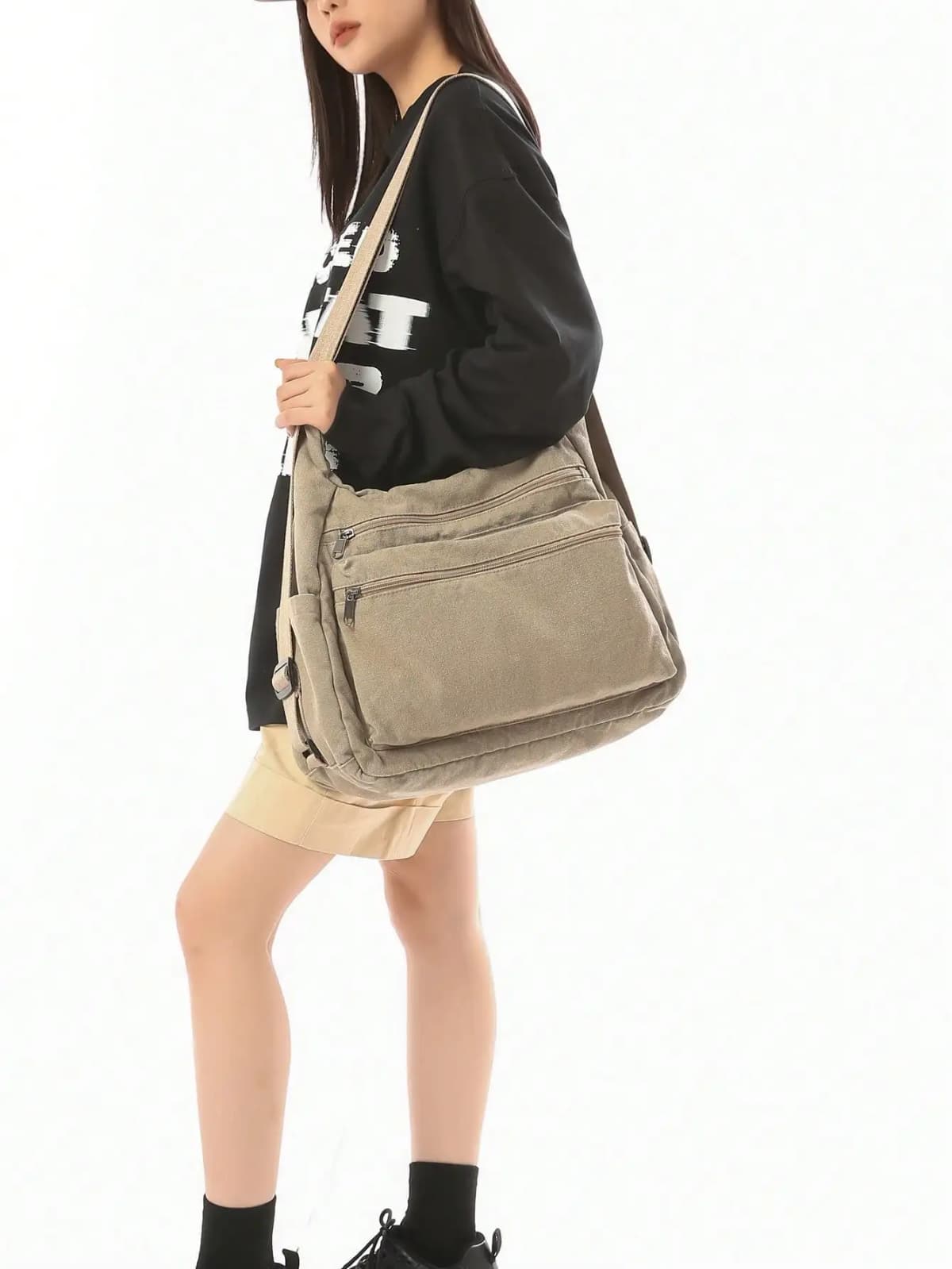 Vintage Washed Canvas Tote Bag With Multiple Pockets, Adjustable Shoulder Strap, Large Capacity Commuter Shoulder/Crossbody Bag, European And American Casual Style, Multi-Zipper Pockets, Casual Shopping Bag,College Messenger Bag sg260516171583332871764