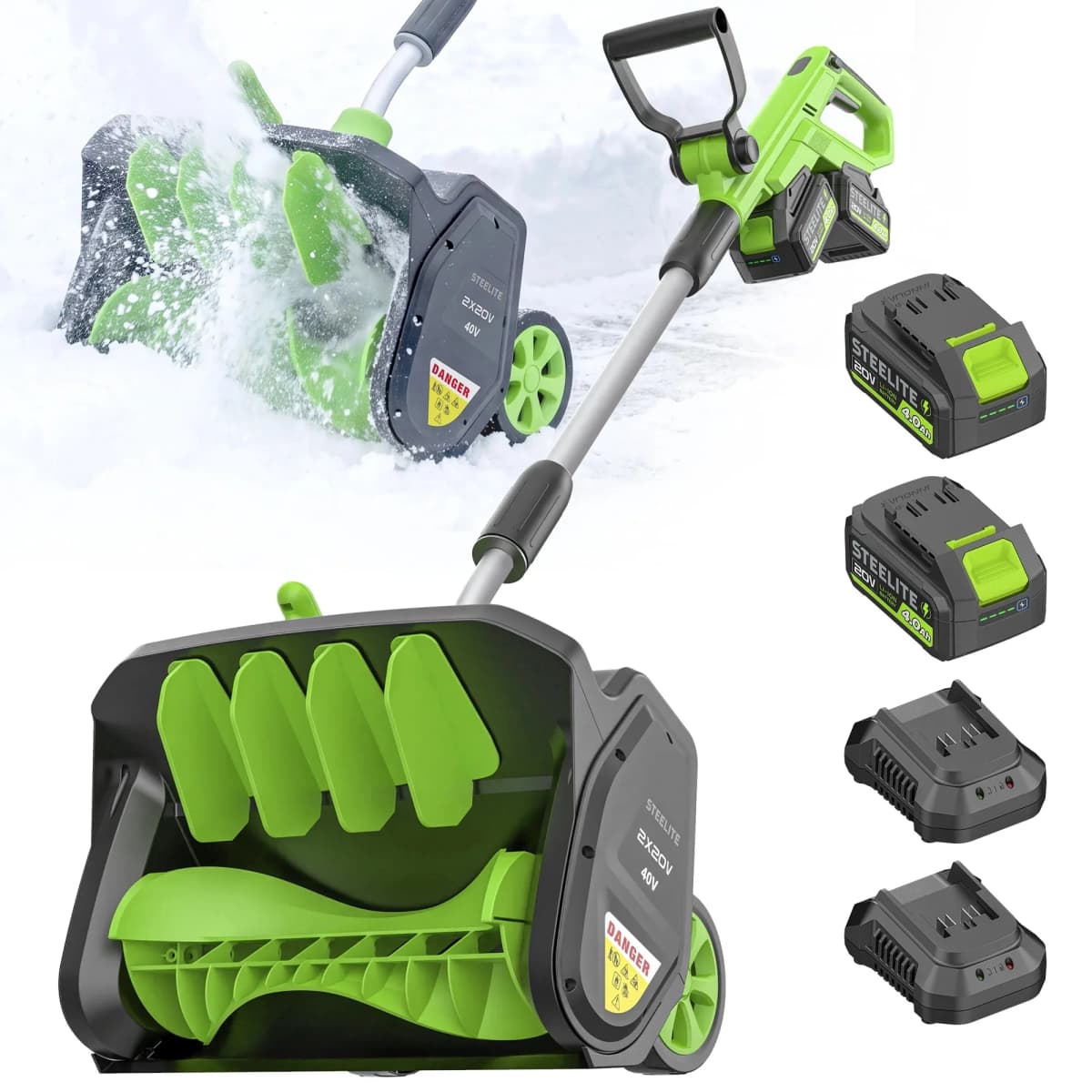17 Inch Cordless Snow Shovel with Wheels Brushless Motor 2x21V 2 4.0Ah Batteries Dual Charger for Patio