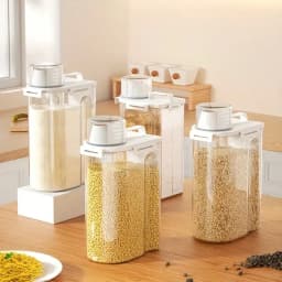 4‑Pcs Airtight Rice Storage Containers Set, 3‑5Lbs Clear Plastic Dry Food Flour Sugar Cereal Bin with Measuring Cup, Kitchen Pantry Organizer, Pet Dog Cat Food Dispenser