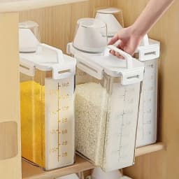 4‑Pcs Airtight Rice Storage Containers Set, 3‑5Lbs Clear Plastic Dry Food Flour Sugar Cereal Bin with Measuring Cup, Kitchen Pantry Organizer, Pet Dog Cat Food Dispenser