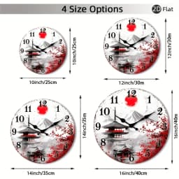 [2D Flat Wall Clock] 1pc 2D Flat Wall Clock Non-Ticking Wooden, Circular Clock Japanese-inspired Landscape with Cherry Blossoms Design for Kitchen, Home Office, Library, Hallway, Apartment 10" 12" 14" 16" (No Battery), 2D Flat