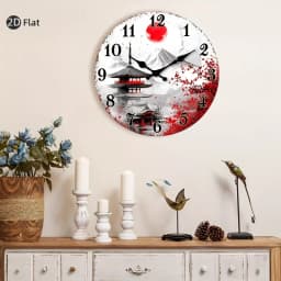 [2D Flat Wall Clock] 1pc 2D Flat Wall Clock Non-Ticking Wooden, Circular Clock Japanese-inspired Landscape with Cherry Blossoms Design for Kitchen, Home Office, Library, Hallway, Apartment 10" 12" 14" 16" (No Battery), 2D Flat
