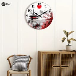 [2D Flat Wall Clock] 1pc 2D Flat Wall Clock Non-Ticking Wooden, Circular Clock Japanese-inspired Landscape with Cherry Blossoms Design for Kitchen, Home Office, Library, Hallway, Apartment 10" 12" 14" 16" (No Battery), 2D Flat