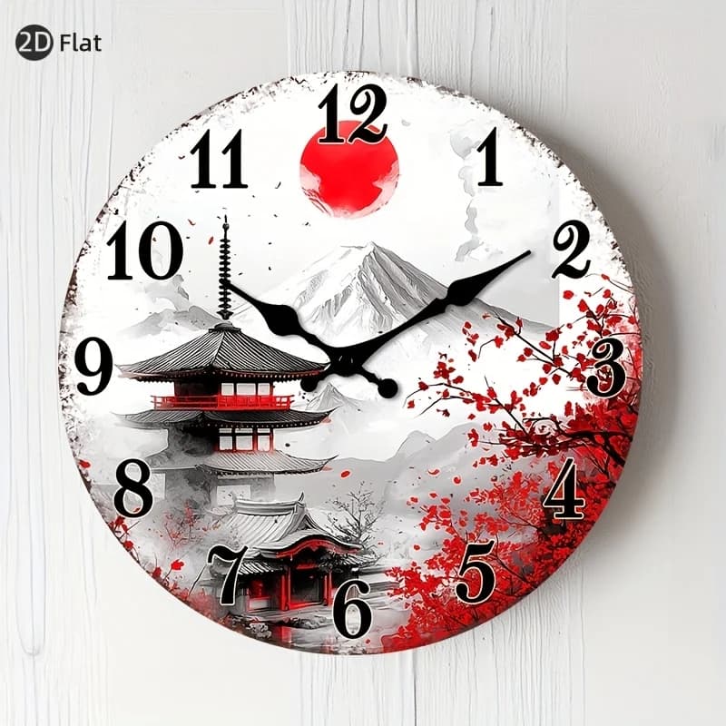 [2D Flat Wall Clock] 1pc 2D Flat Wall Clock Non-Ticking Wooden, Circular Clock Japanese-inspired Landscape with Cherry Blossoms Design for Kitchen, Home Office, Library, Hallway, Apartment 10" 12" 14" 16" (No Battery), 2D Flat