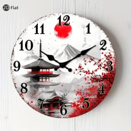[2D Flat Wall Clock] 1pc 2D Flat Wall Clock Non-Ticking Wooden, Circular Clock Japanese-inspired Landscape with Cherry Blossoms Design for Kitchen, Home Office, Library, Hallway, Apartment 10" 12" 14" 16" (No Battery), 2D Flat
