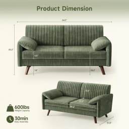 Modern Loveseat Sofa 64.5" for Small Space Living Room, Chenille Fabric 2-Seater Couch with High Legs(164cm), Comfy Small Apartment Sofa Green