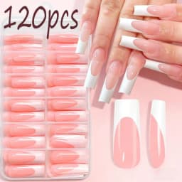 120Pcs Glossy Pink French Press on Nails 12-Sizes Long Square Fake Nails White Edge Design Full Cover False French Nails Tips T