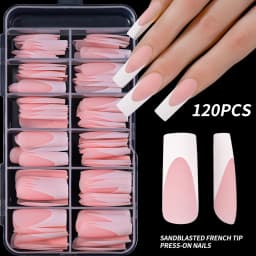 120Pcs Glossy Pink French Press on Nails 12-Sizes Long Square Fake Nails White Edge Design Full Cover False French Nails Tips T