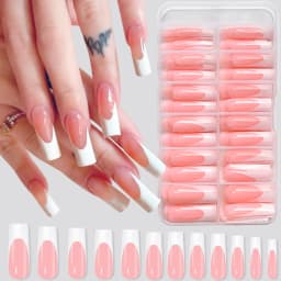 120Pcs Glossy Pink French Press on Nails 12-Sizes Long Square Fake Nails White Edge Design Full Cover False French Nails Tips T