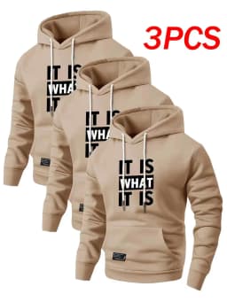 3-Piece Men's Hooded Sweatshirt, Loose Fitting Autumn and Winter Letter Printed Pullover with Outerwear, Casual and Sporty Minimalist Top, Suitable for Activities Such as Home, Outdoor Sports, Hiking, Travel, Vacation, Etc