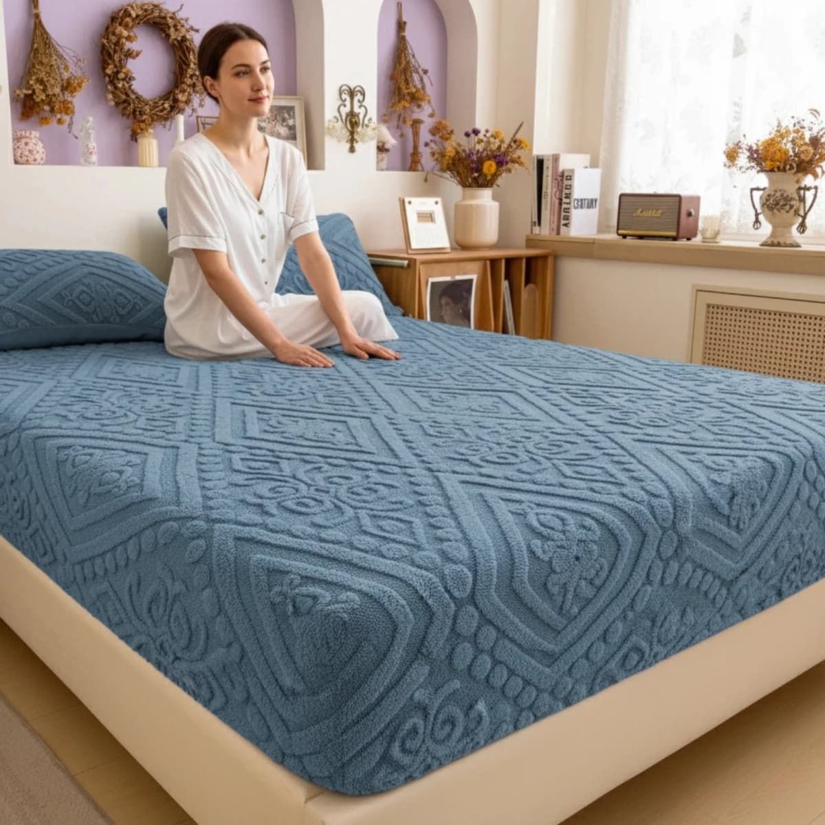 European Design Plush Embossed Fitted Sheet Thick Warm Mattress Protector Multiple Colors & Sizes Soft Comfortable Fabric for Autumn Winter Bedroom Machine Washable No Pillowcases