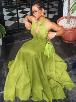 Women Halter Collar Button Front Sleeveless Maxi Dress Elegant Deep V Neck A Line Flowy Long Dress For Club Night Out Party Occasion