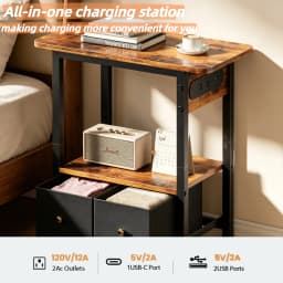 Two-Tier Side Table with Built-In Charging Station Fabric-Lined Drawers USB Ports Power Socket Slim Bedside Compact Coffee Table for Living Rooms Bedrooms