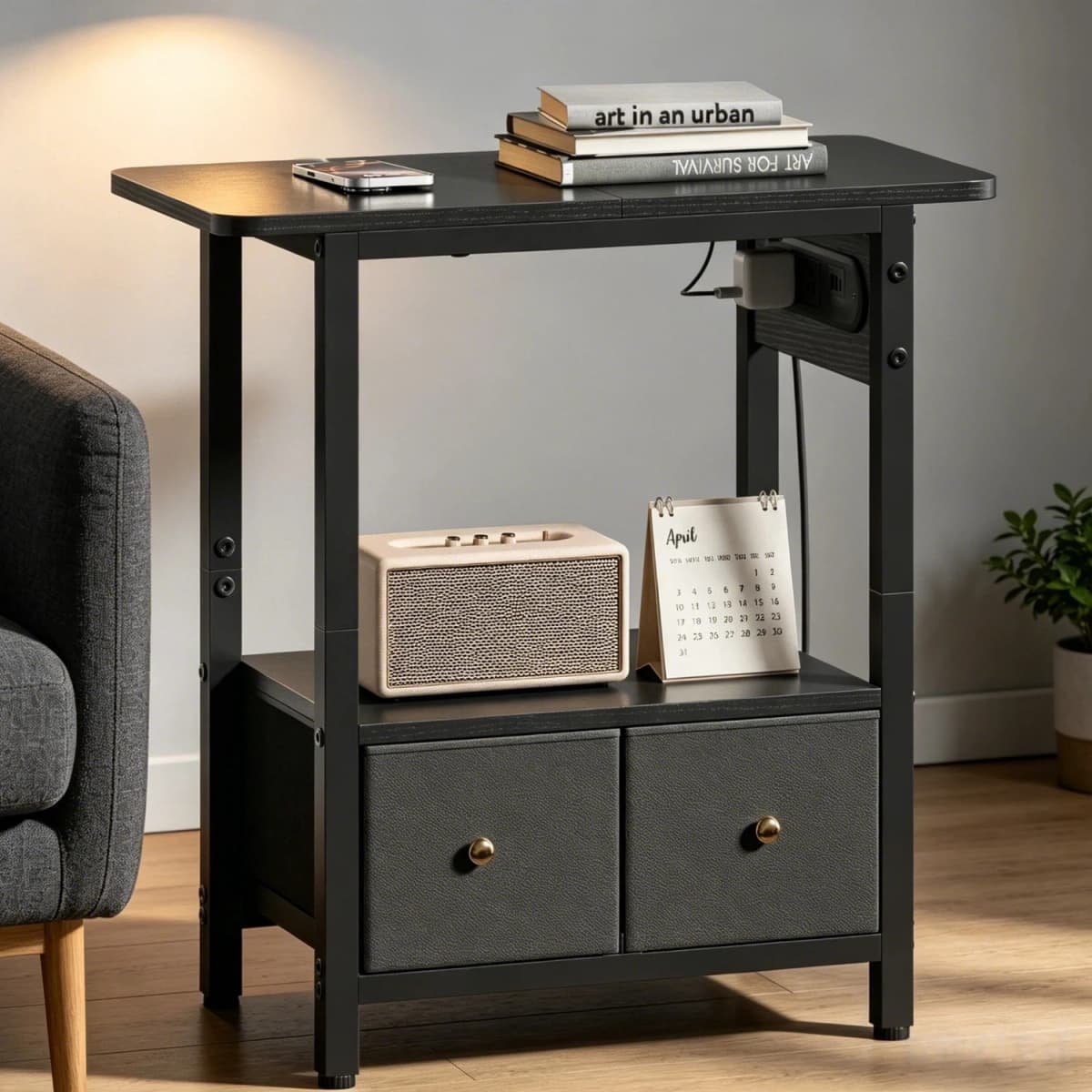 Two-Tier Side Table with Built-In Charging Station Fabric-Lined Drawers USB Ports Power Socket Slim Bedside Compact Coffee Table for Living Rooms Bedrooms