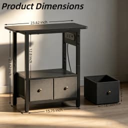 Two-Tier Side Table with Built-In Charging Station Fabric-Lined Drawers USB Ports Power Socket Slim Bedside Compact Coffee Table for Living Rooms Bedrooms