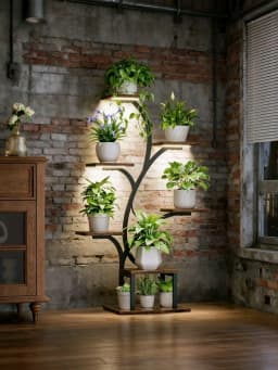 8-Tier Indoor Plant Stand with Grow Lights Adjustable Wooden Shelves Full Spectrum Timer Space-Saving Flower Pot Holder for Living Room Bedroom Balcony