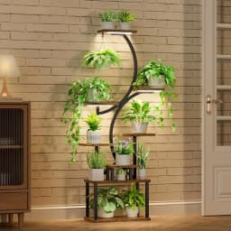 8-Tier Indoor Plant Stand with Grow Lights Adjustable Wooden Shelves Full Spectrum Timer Space-Saving Flower Pot Holder for Living Room Bedroom Balcony