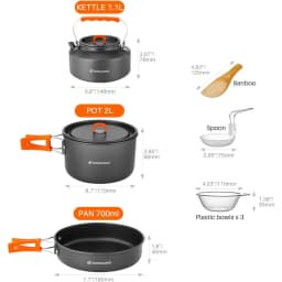 Odoland 10pcs Camping Cookware Camping Pots and Pans Set with Kettle Plastic Bowls and Soup Spoon for Camping, Backpacking, Outdoor Cooking and Picnic