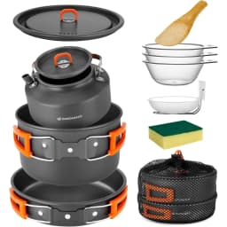 Odoland 10pcs Camping Cookware Camping Pots and Pans Set with Kettle Plastic Bowls and Soup Spoon for Camping, Backpacking, Outdoor Cooking and Picnic